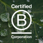 The Certified B Corp logo in white on top of a leaf covered with drops of water